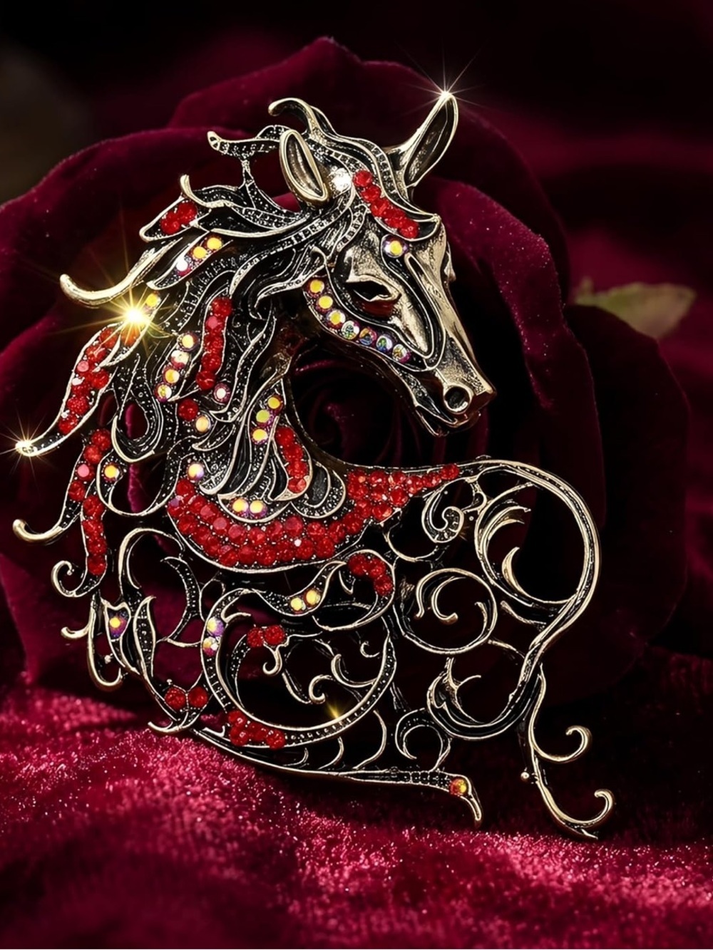 Anthropologie Red and Gold Filigree Horse Brooch - Picture 2 of 3